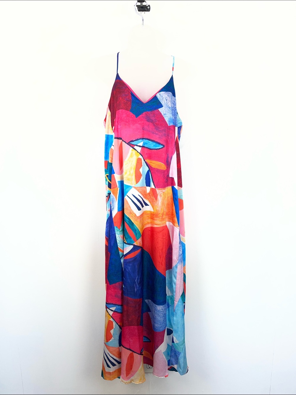 Nicole Miller Satin Charmeuse Vibrant Abstract Women L 2 Pocket Slip Maxi Dress - Picture 2 of 8